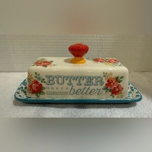Vintage Pioneer Woman Floral " Butter Makes Everything Better " Butter Dish